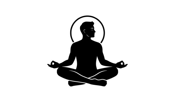 Meditation silhouette, black vector of man sitting in lotus pose with hands in mudra and halo circle behind head isolated on white background