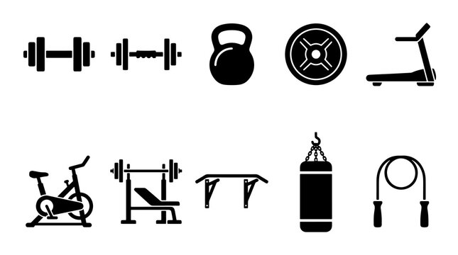 Set of various gym equipment icons for fitness training and healthy lifestyle
