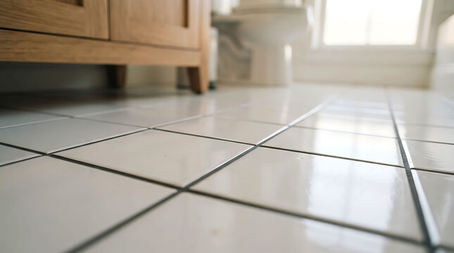 Clean glossy white ceramic tiled bathroom floor close up low angle interior view