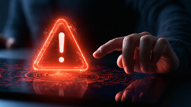 Digital Warning Sign: A hand reaches out to a glowing neon warning sign, shaped like a triangle with an exclamation mark, signifying a digital alert or danger.