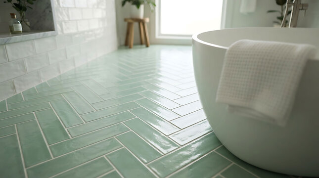 Modern luxury bathroom interior with glossy mint green herringbone tiles and a white freestanding bathtub