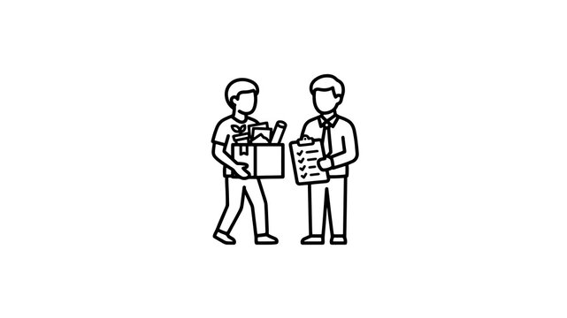 Employee holding box with manager icon line art for office relocation