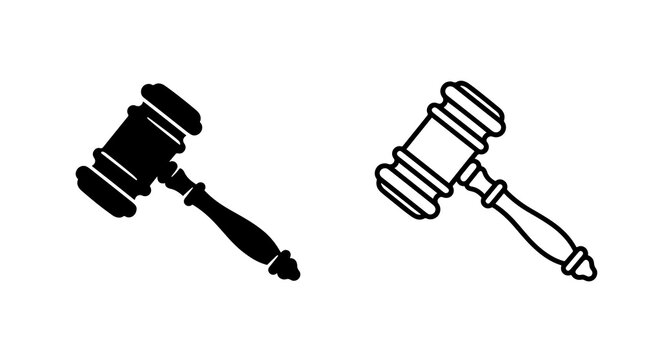 Judge wooden gavel hammer icons in solid glyph and black outline style