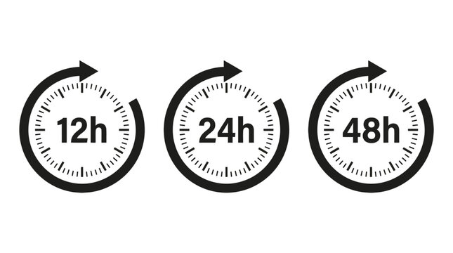Twelve twenty four and forty eight hours vector clock symbols with arrows for time management