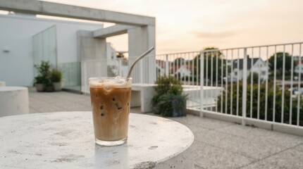 Fototapeta premium Refreshing iced latte in a glass with a metal straw on a modern rooftop terrace at sunset