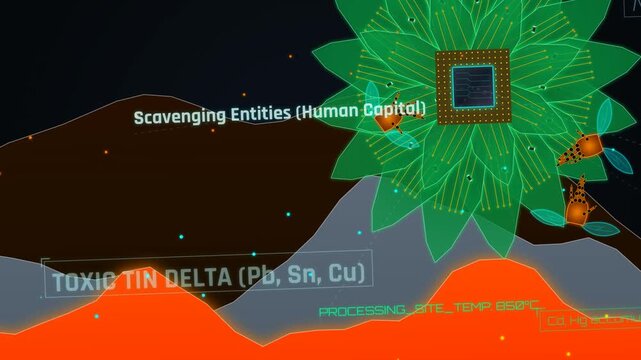Infographic animation of an electronic waste ecosystem conceptualizing toxic tin delta heavy metal extraction from motherboards and microchips by scavenging entities representing human capital