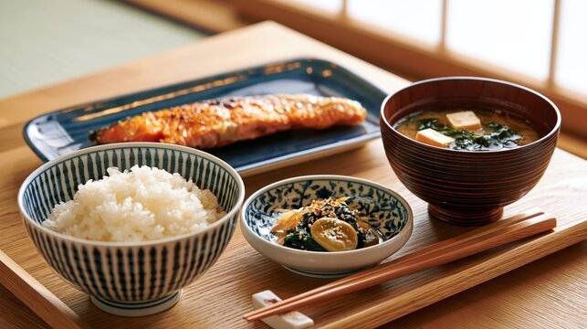 traditional japanese grilled salmon teishoku set with rice and tofu miso soup