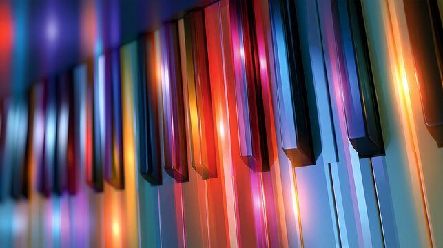 Abstract colorful piano keyboard wallpaper background, vibrant artistic representation of music and creativity, with copy space