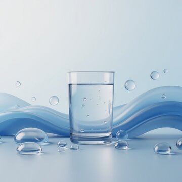 Glass of water with blue wave and bubbles