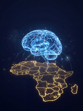 Glowing AI brain floating above a holographic map of Africa