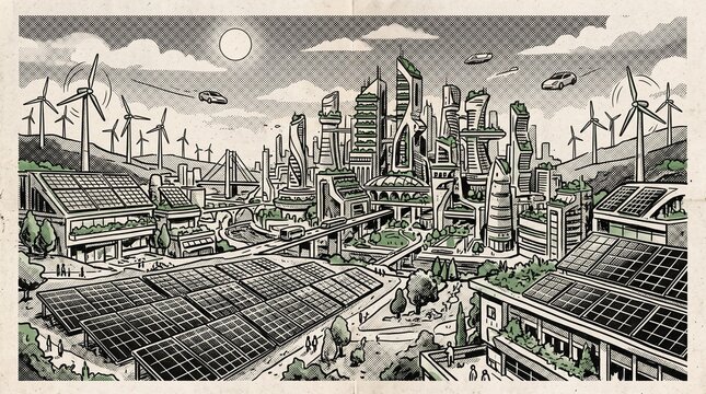 Futuristic sustainable smart city powered by renewable solar panels and wind turbines illustration