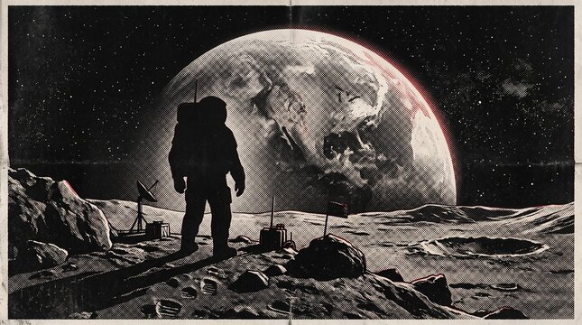 Vintage style retro illustration of an astronaut standing on the moon surface looking at planet Earth