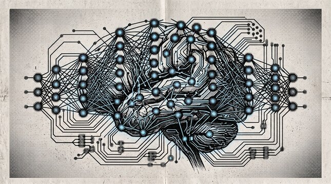 Conceptual Illustration of a Human Brain with Neural Network Nodes and Digital Circuits representing Artificial Intelligence