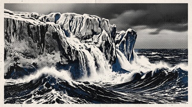 A powerful monochrome portrayal of immense ocean waves relentlessly crashing against a majestic glacial ice cliff under a stormy, dark sky, capturing the raw, unforgiving force of nature's frozen fury