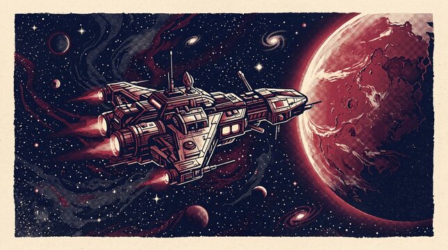 A futuristic starship with glowing engines journeys through the boundless cosmos, passing a vibrant red planet and shimmering nebulae on an epic adventure of discovery
