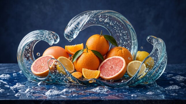 Vibrant citrus fruits including oranges grapefruits and lemons arranged inside a magnificent glass wave sculpture on a deep blue surface
