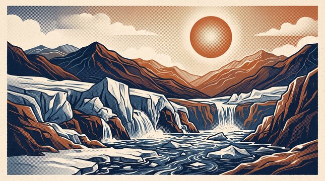 Stylized Landscape Illustration of Snowy Mountains with a Glacial Waterfall and a Large Glowing Sunset Sun