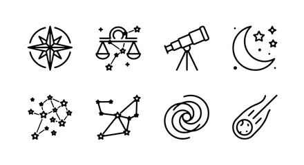 Space icons set with compass, Libra zodiac, telescope, moon, constellations, galaxy and comet for astronomy and science © Bablu