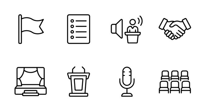 Conference icons set with flag, list, speaker, handshake, stage, podium, microphone and audience for event planning
