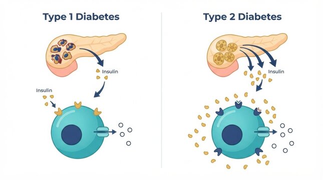 Visual representation shows the difference in insulin function for type 1 and type 2 diabetes with a focus on glucose management methods.