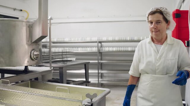 Professional female cheesemaker checking the production process in a sterile diary factory. Woman working with stainless steel equipment
