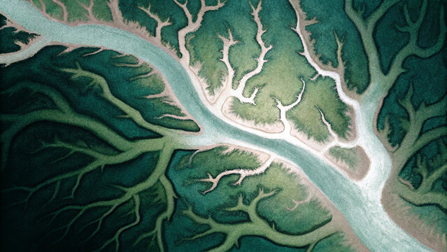 Aerial winding river delta with branching channels, wetlands, and coastal waters.
