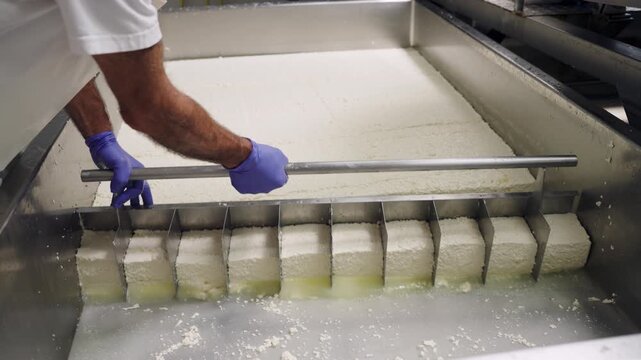 Artisan cheesemaker cutting a large block of fresh cheese curd into smaller pieces. A dairy worker processing milk in a cheese factory