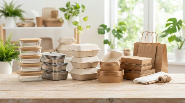 Sustainable food packaging collection with glass containers and eco friendly paper boxes