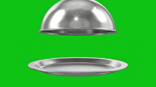 Silver Cloche Lifting to Reveal Empty Platter on Green Screen Chroma Key