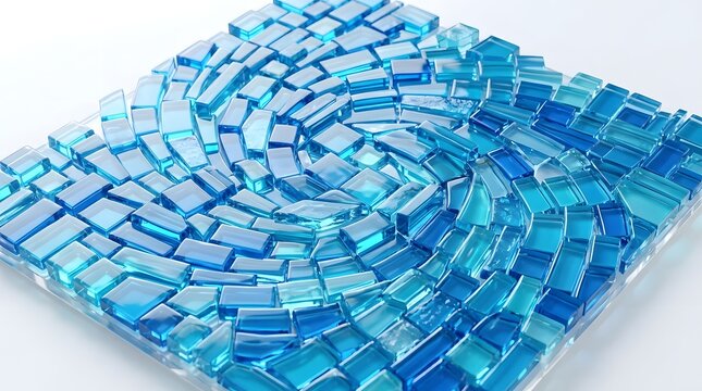 Mosaic of blue glass tiles arranged in a swirling spiral pattern on a square base isolated on white background