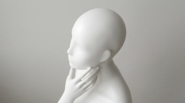 A minimalist white mannequin head with a smooth, featureless face, captured in a thoughtful pose with a hand resting gently against the jawline, set against a neutral, soft grey background