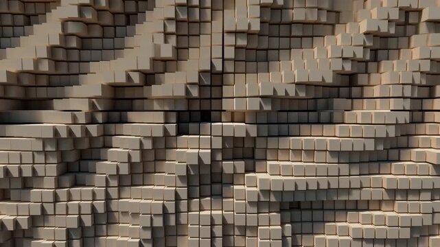 Beige square blocks shift in depth across a dense geometric wall, forming changing wave-like ridges and recessed patterns under warm side lighting in a close frontal composition