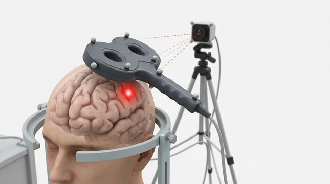 Transcranial Magnetic Stimulation TMS Procedure with Neuronavigation System on Human Brain 3D Render