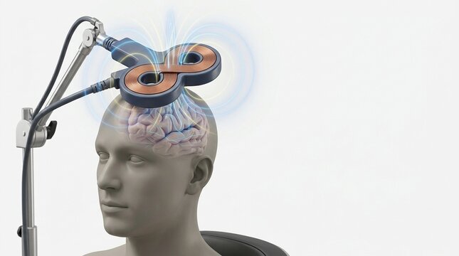 Medical illustration of Transcranial Magnetic Stimulation TMS therapy on human brain for depression
