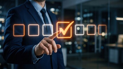 Obraz premium Businessman selecting option on digital touchscreen for app and web