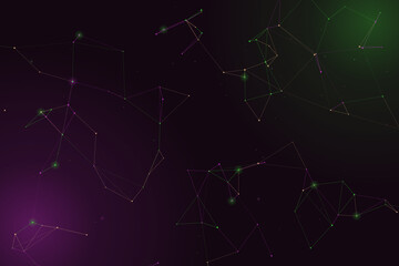 Fototapeta premium A colorful constellation of glowing nodes and fine geometric links spans a dark field, suggesting collaboration, connectivity, discovery, and emerging digital technologies.