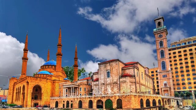 BEIRUT, LEBANON Roman ruins, Al Amin Mosque, St Georges Maronite Church in one place, panorama of Beirut downtown, LebanonA view of the Saint George Maronite Cathedral and the Mohammad Al-Amin Mosque 