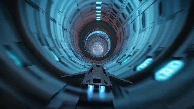 Futuristic aircraft flies forward through illuminated circular tunnel, seen from behind with twin blue exhaust trails and repeating metallic rings forming strong central perspective