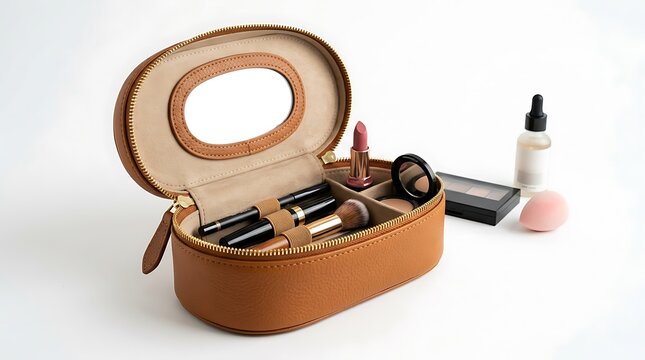 Open brown leather cosmetic makeup bag with beauty tools and accessories inside. portable makeup holder