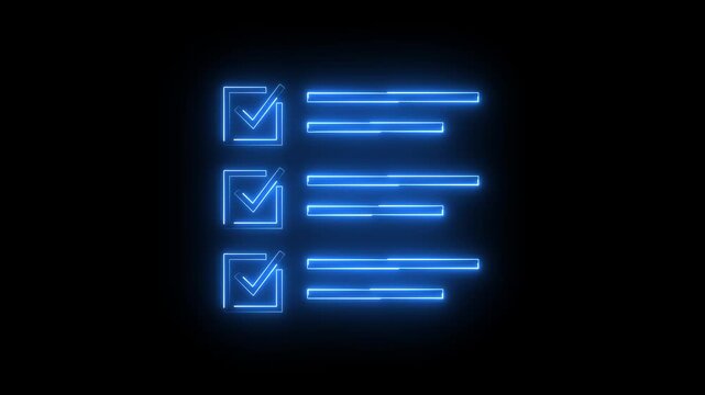 Glowing neon blue color clipboard with checklist icon animation business agreement document paper checkmark checkbox test note exam tick list sign symbol on black background