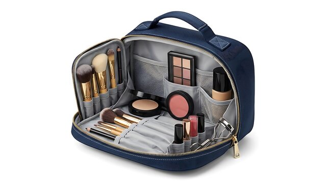 Open black makeup bag filled with various cosmetic brushes and beauty products for travel. portable makeup holder