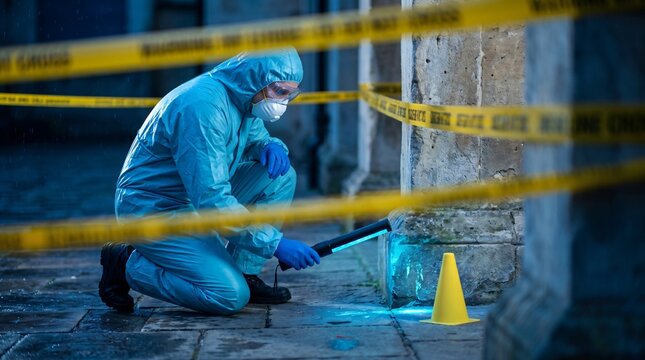 Forensic examiner directing cyan spectrum light source at base of weathered limestone pillar inside outdoor crime scene completely encircled by blurry yellow barrier tape at blue hour twilight