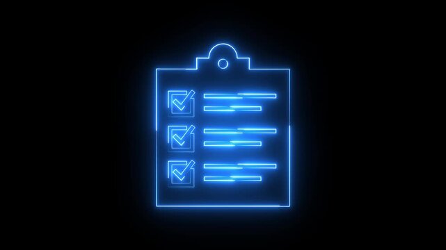 Glowing neon blue color clipboard with checklist icon animation business agreement document paper checkmark checkbox test note exam tick list sign symbol on black background