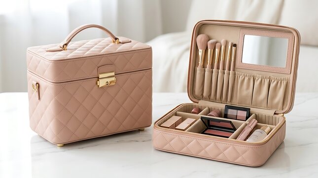 Pink and brown makeup vanity travel case with brushes and mirror. portable makeup holder