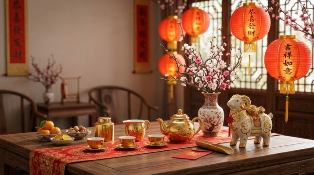 Traditional Chinese tea set on wooden table with red lanterns and plum blossoms