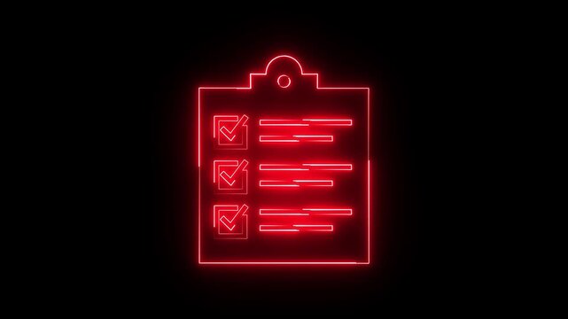 Glowing neon red color clipboard with checklist icon animation business agreement document paper checkmark checkbox test note exam tick list sign symbol on black background