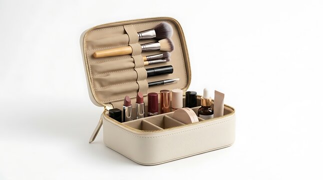 Open makeup travel bag with brushes and cosmetic products inside. portable makeup holder