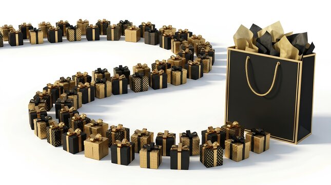 Winding row of elegant black and gold gift boxes leading to a shopping bag.