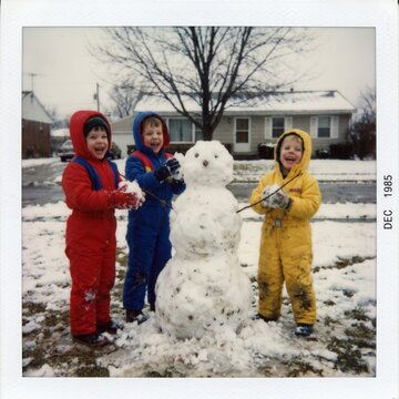 Three Happy Children Building a Snowman, Vintage 1985 Winter Photo