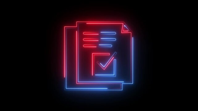 Glowing neon red and blue color clipboard with checklist icon animation business agreement document paper checkmark checkbox test note exam tick list sign symbol on black background